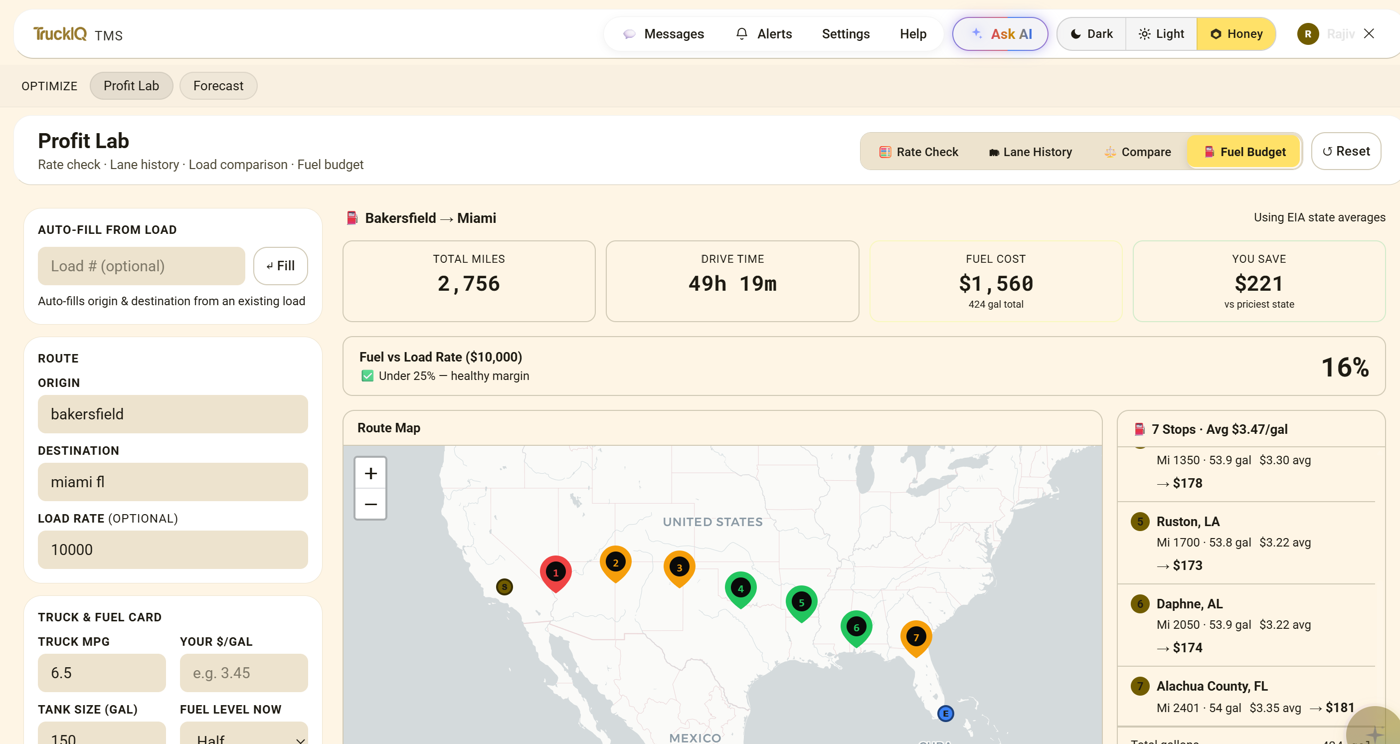 TruckIQ Profit Lab — Fuel budget, route map, cost per stop